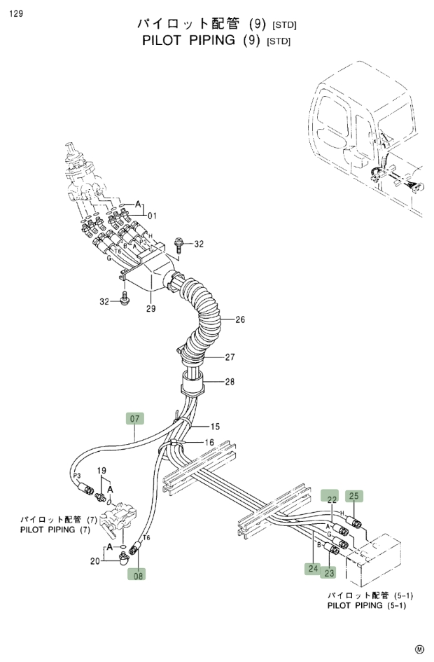 Hitachi EX370-5 installation diagram showing hydraulic hose 4351193 at Pipe No. 25