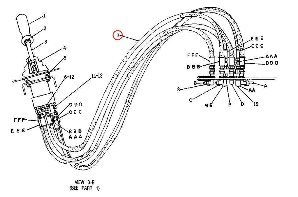 Caterpillar CAT®219 installation diagram showing hydraulic hose 8R-0944 at Pipe No. 7