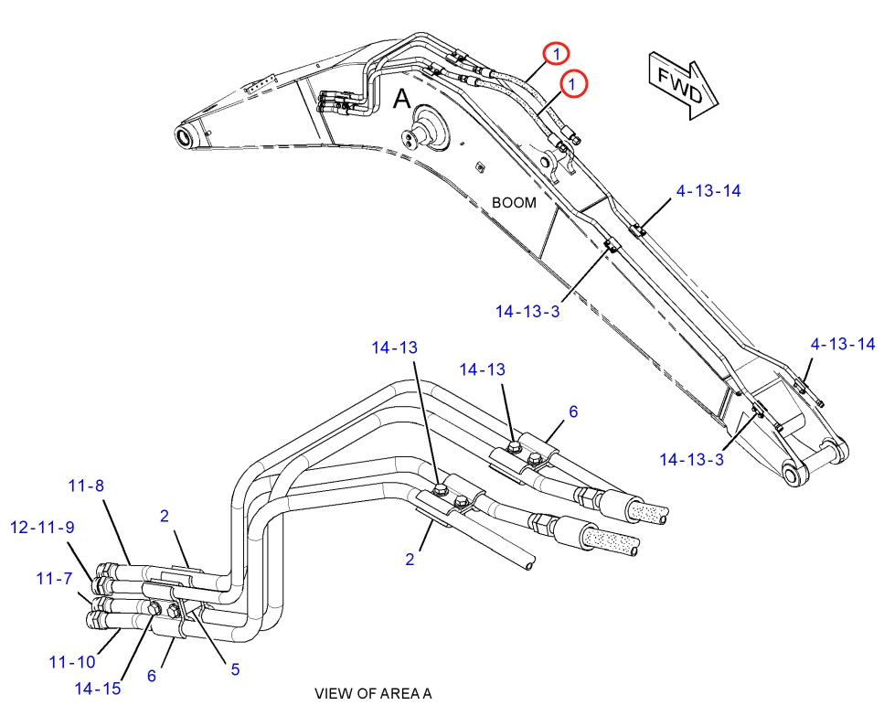 Caterpillar CAT®315F LCR installation diagram showing hydraulic hose 4I-1095 at Pipe No. 1