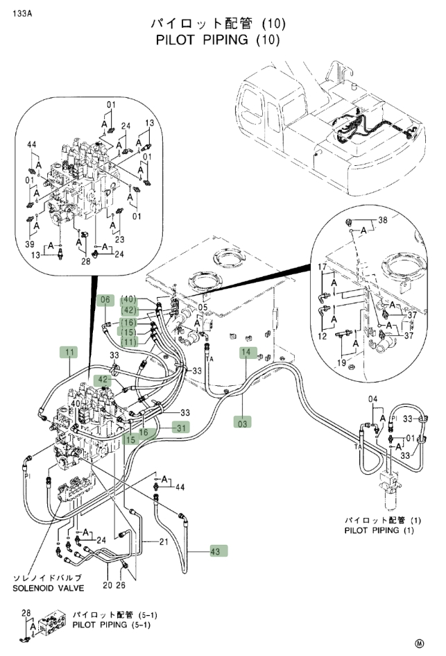 Hitachi EX330LC-5 installation diagram showing hydraulic hose 4221221 at Pipe No. 16