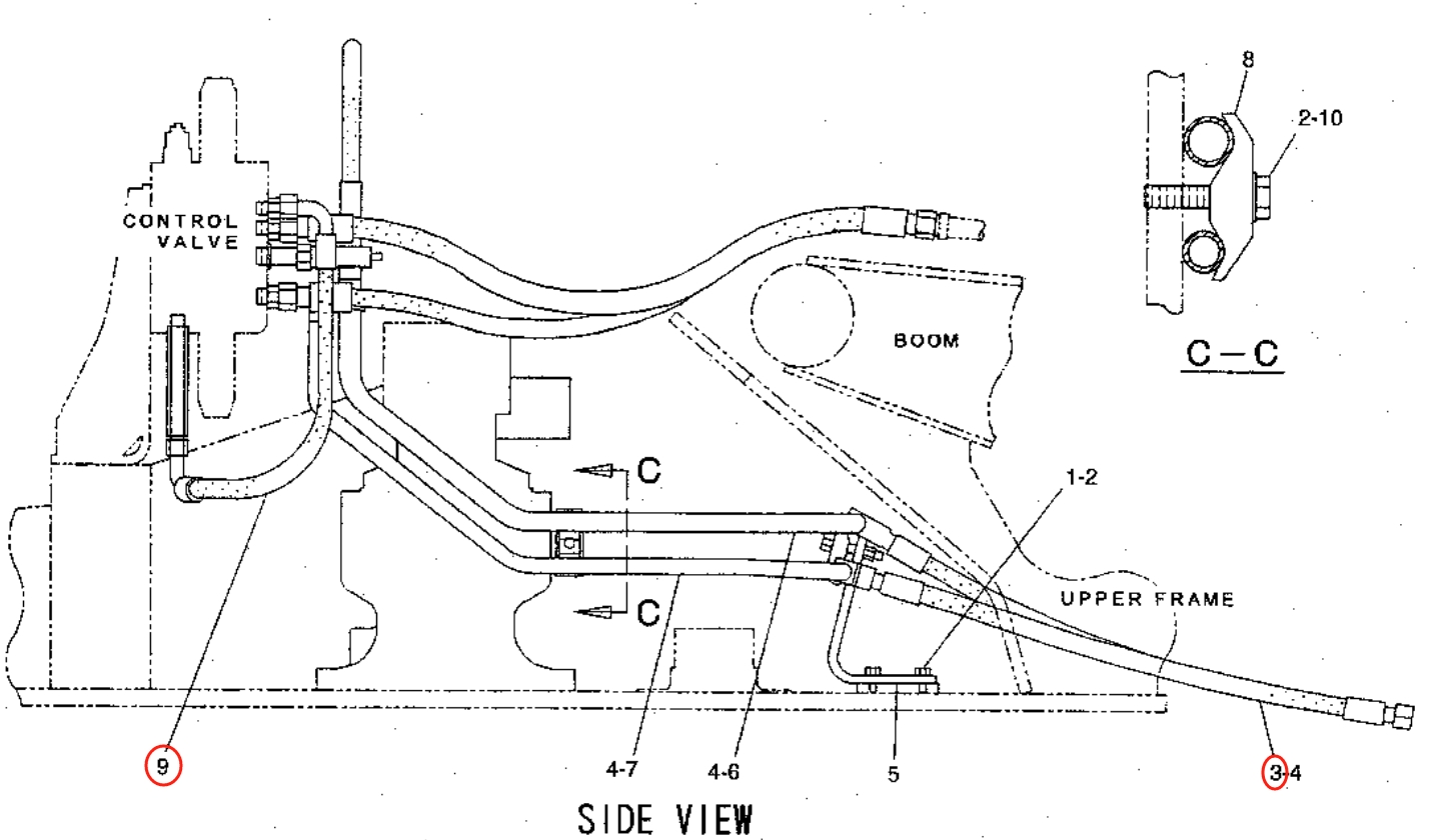 Caterpillar CAT®311B installation diagram showing hydraulic hose 123-2636 at Pipe No. 3