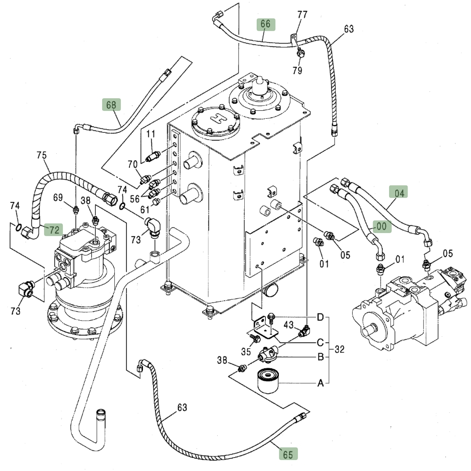 Hitachi ZX80 installation diagram showing hydraulic hose 4471500 at Pipe No. 0