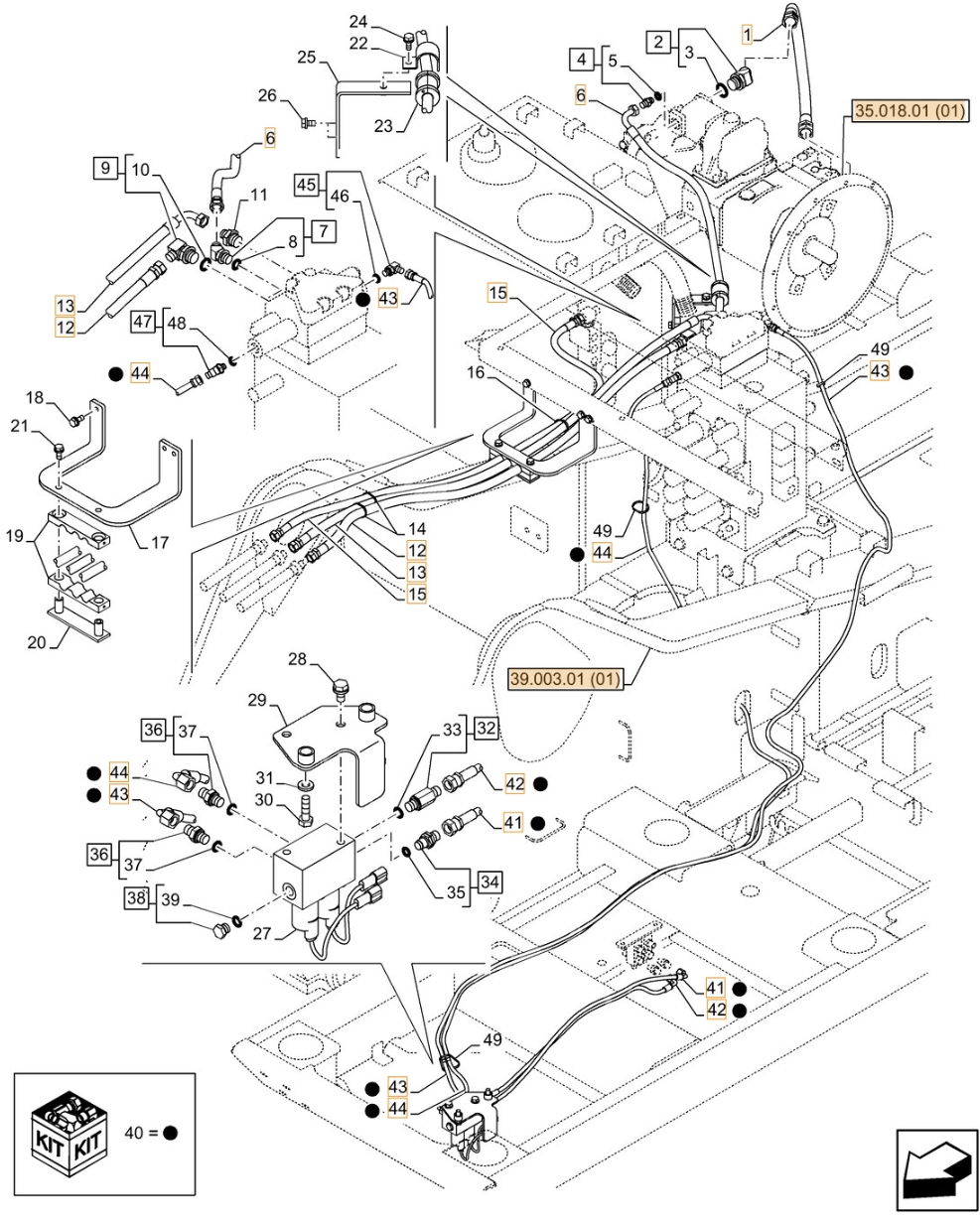 Case CX350C LC installation diagram showing hydraulic hose KHJ12240 at Pipe No. 44