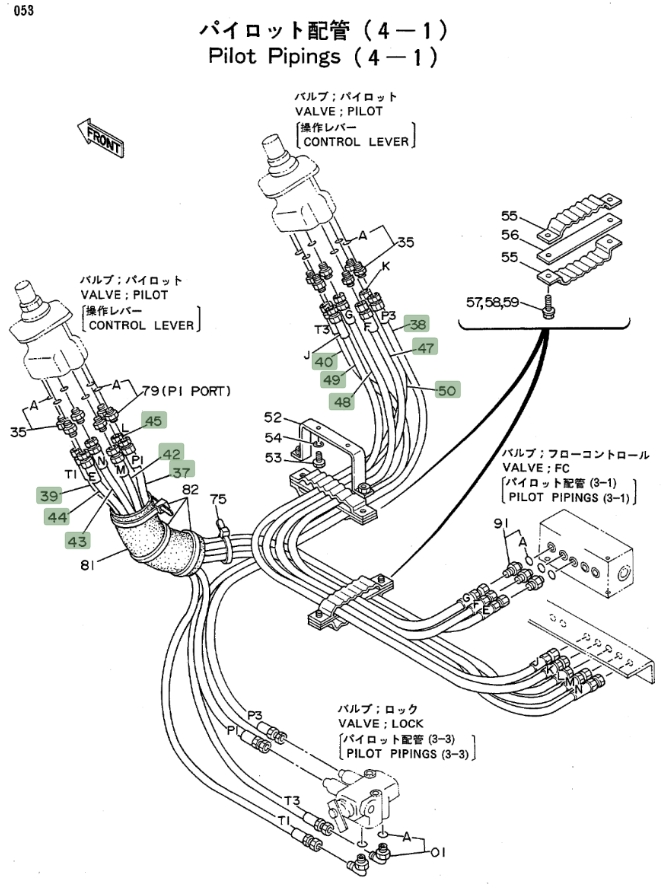 Hitachi EX100WD installation diagram showing hydraulic hose 4208429 at Pipe No. 47