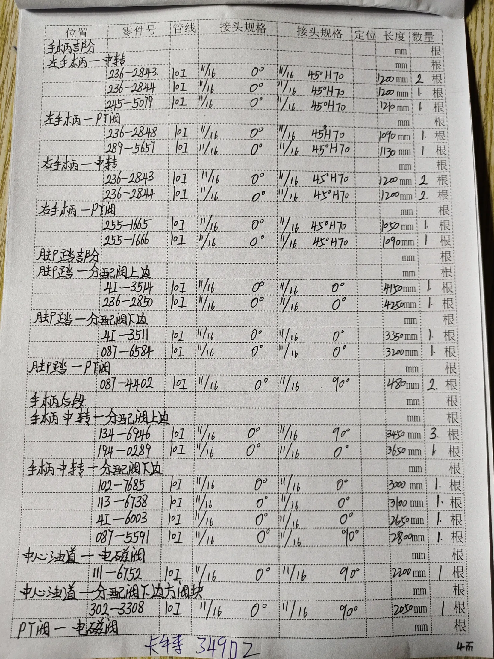 Caterpillar 349D2 hydraulic hose part numbers and recorded lengths — technician notebook page 4 of 7 — recorded hose parts 236-2844OI160, 4I-3511, 4I-6003