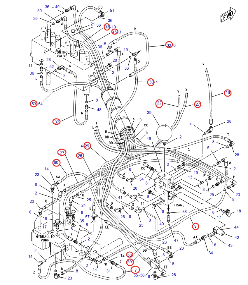 Caterpillar CAT®317-A installation diagram showing hydraulic hose 124-0872 at Pipe No. 27