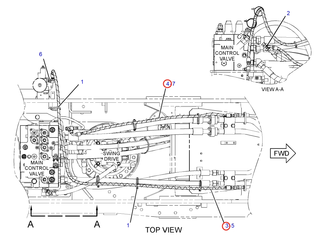 Caterpillar CAT®316F L installation diagram showing hydraulic hose 351-4999 at Pipe No. 3