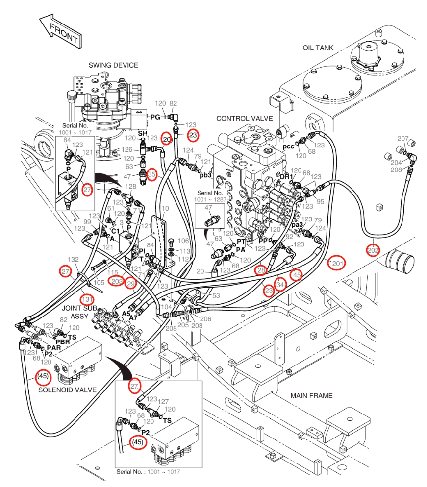 Doosan DX140W-5 installation diagram showing hydraulic hose DS2121113 at Pipe No. 35