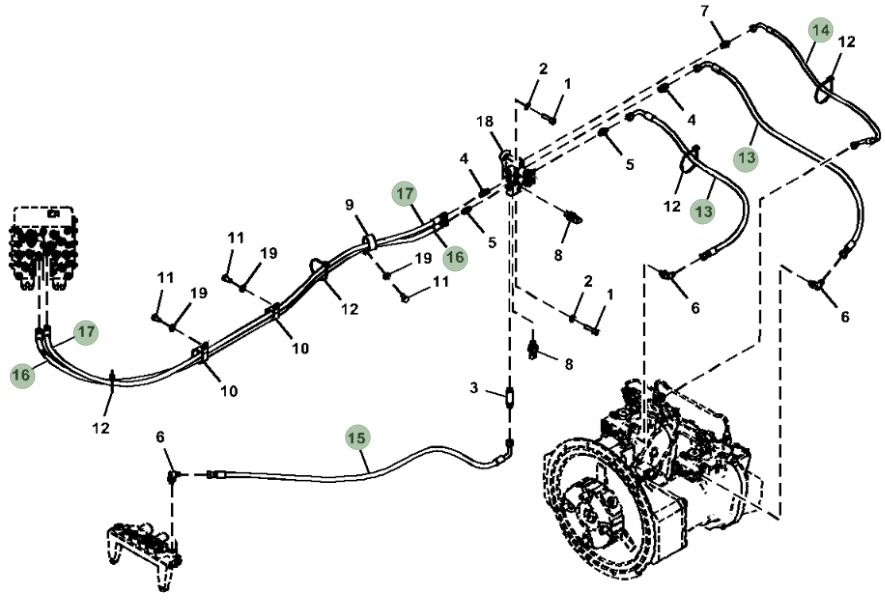 Hitachi ZX350LC-5G installation diagram showing hydraulic hose 4444466 at Pipe No. 14