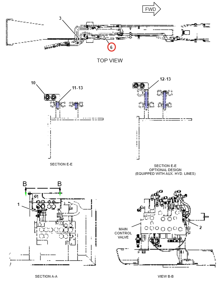 Caterpillar CAT®311C installation diagram showing hydraulic hose 4I-0824 at Pipe No. 6
