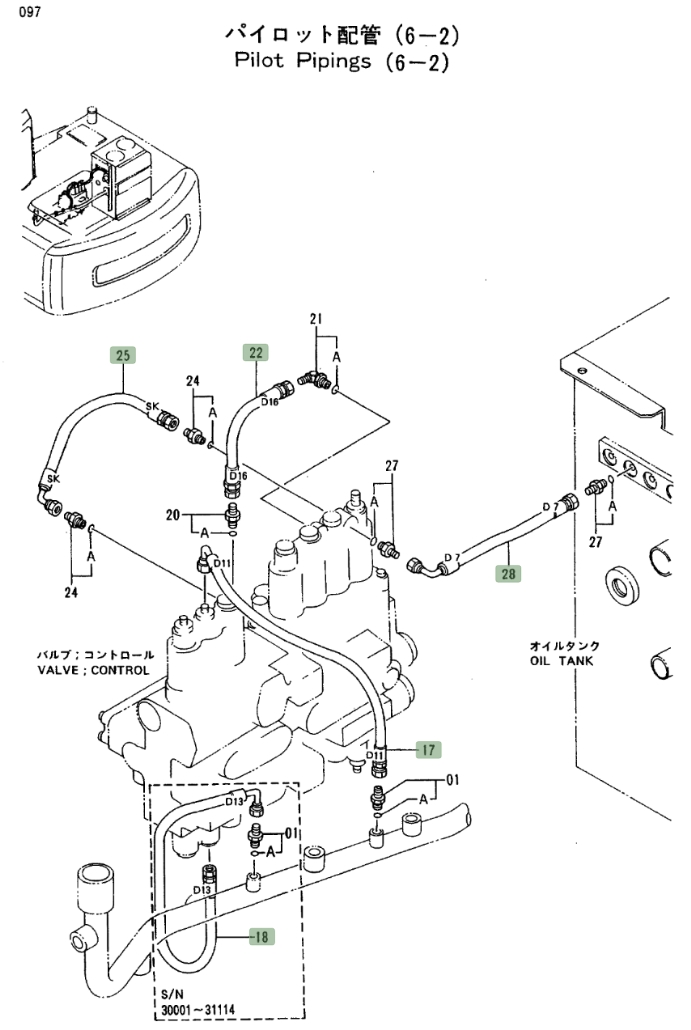Hitachi EX100-2 installation diagram showing hydraulic hose 4283879 at Pipe No. 18