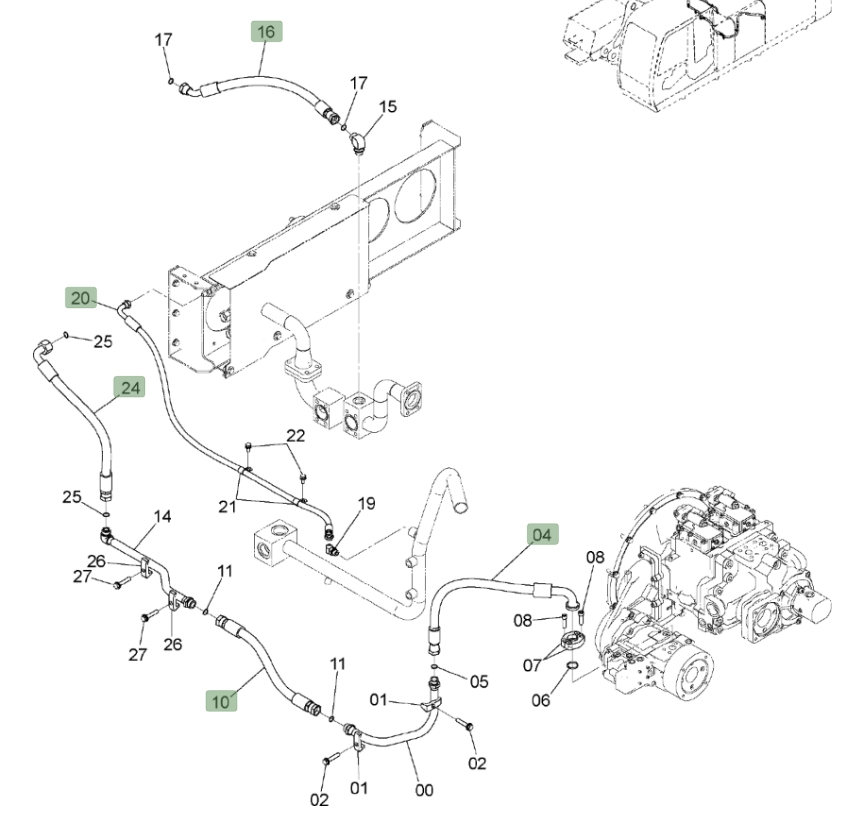 Hitachi ZX450LC-3 installation diagram showing hydraulic hose 4636859 at Pipe No. 16