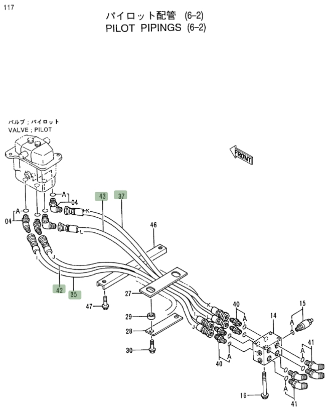 Hitachi EX400LC-3 installation diagram showing hydraulic hose 4281537 at Pipe No. 37