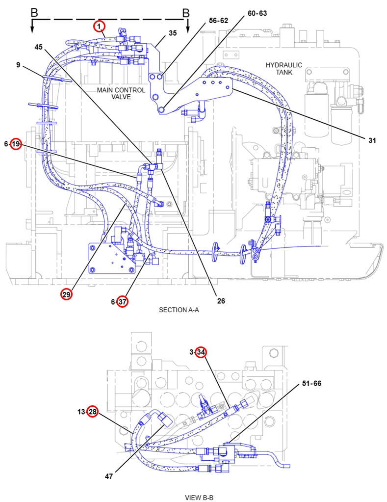 Caterpillar CAT®312D installation diagram showing hydraulic hose 5I-4076 at Pipe No. 34