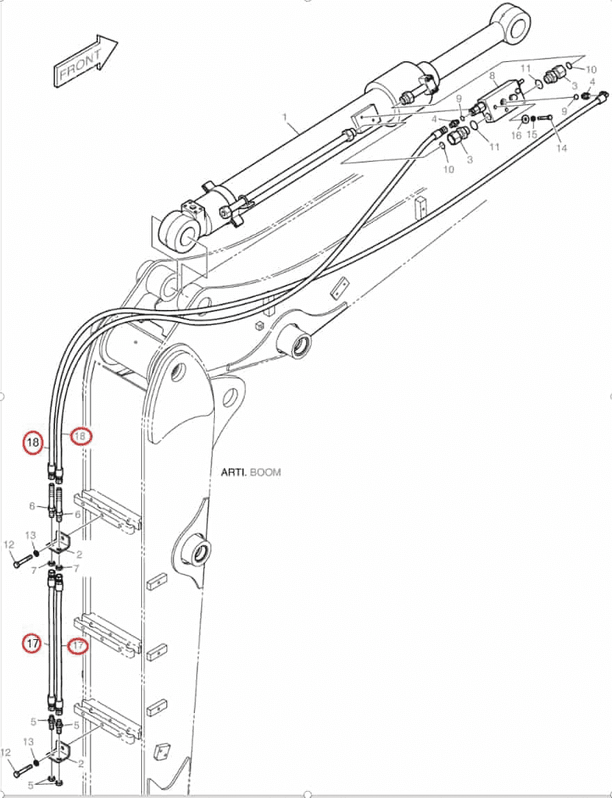 Doosan DX80R installation diagram showing hydraulic hose 2184-1045D196 at Pipe No. 18