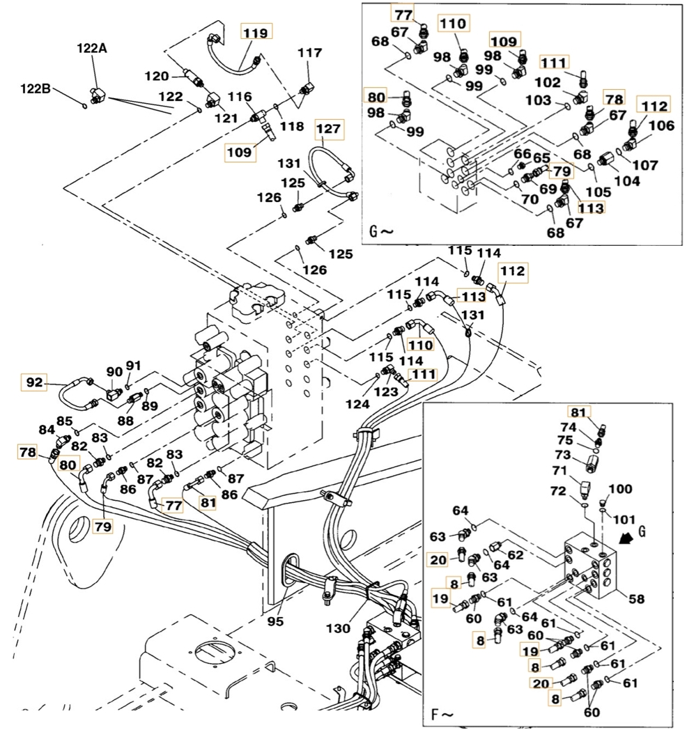 Case CX210B installation diagram showing hydraulic hose KHJ15490 at Pipe No. 109