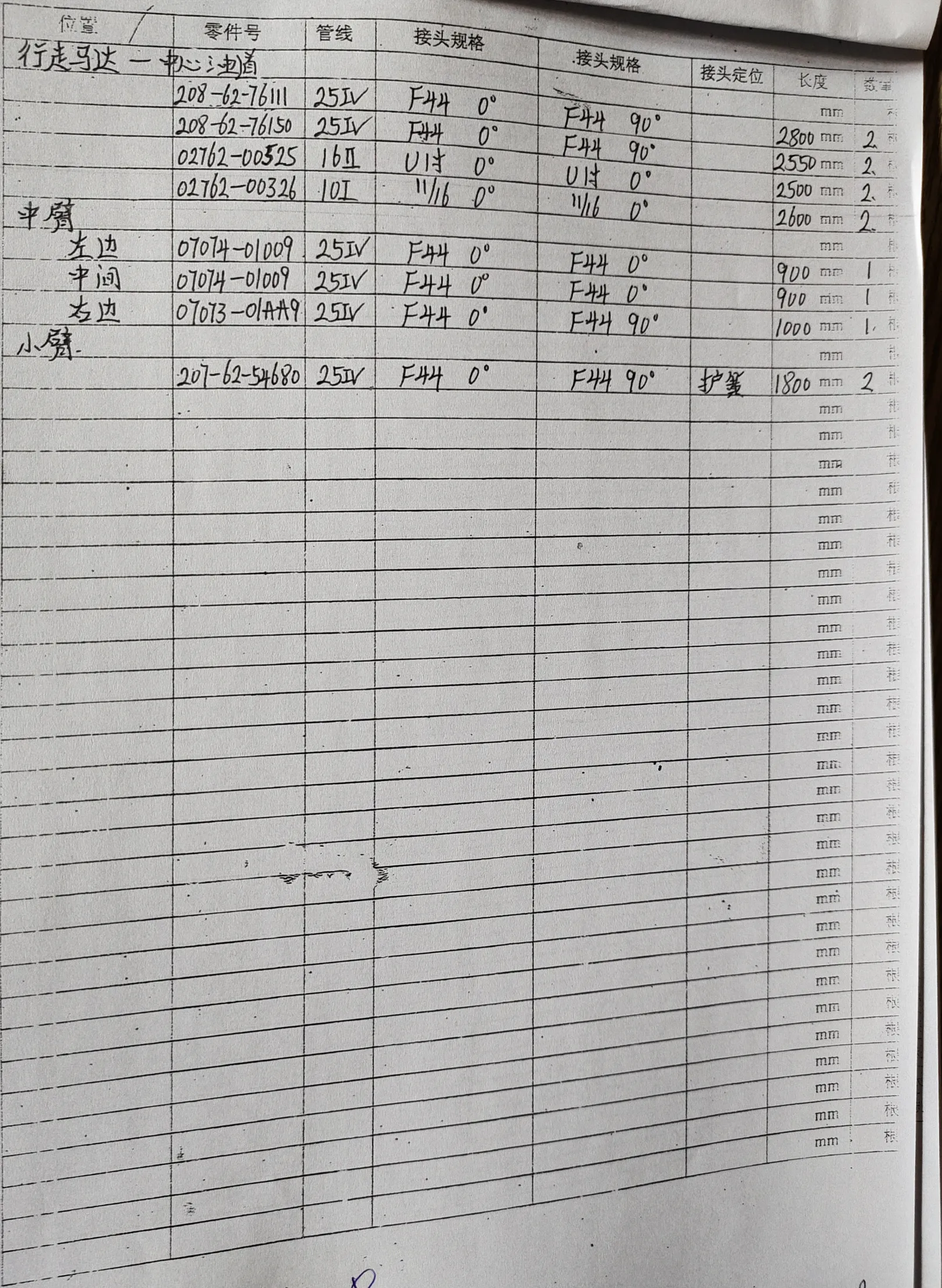 Komatsu PC450-8 hydraulic hose part numbers and recorded lengths — technician notebook page 2 of 4
