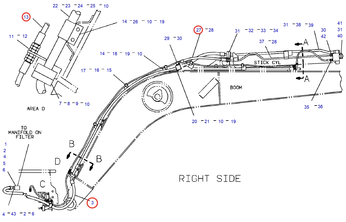 Caterpillar CAT®235B installation diagram showing hydraulic hose 5C-9785 at Pipe No. 13
