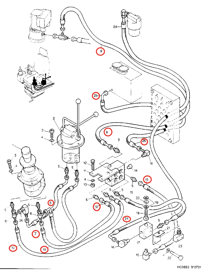 Caterpillar CAT®214B installation diagram showing hydraulic hose 8U-0347 at Pipe No. 25