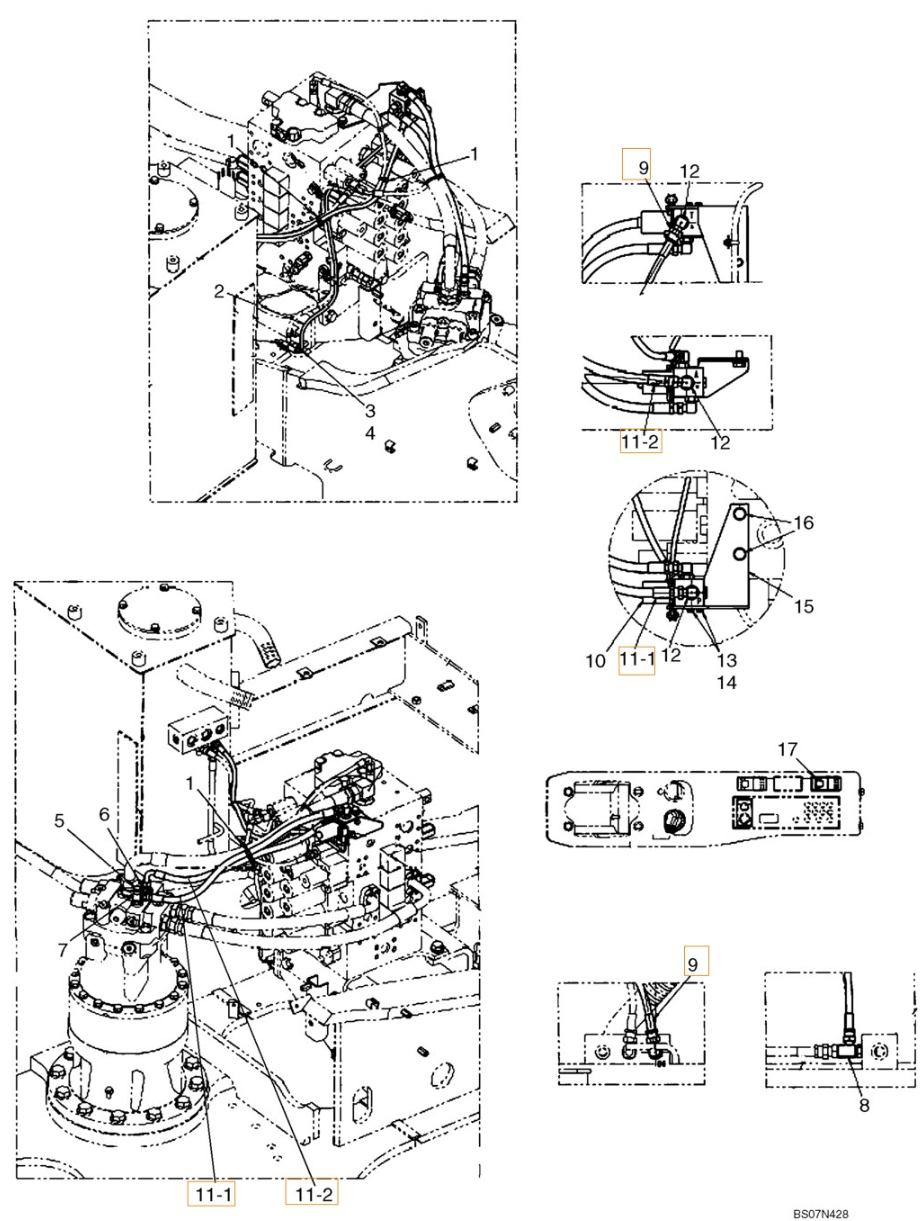 Case CX210C NLC installation diagram showing hydraulic hose KHJ2048 at Pipe No. 9