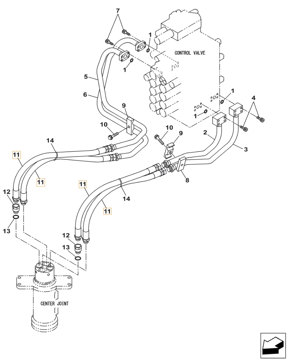 Case CX240C installation diagram showing hydraulic hose KBJ10430 at Pipe No. 11