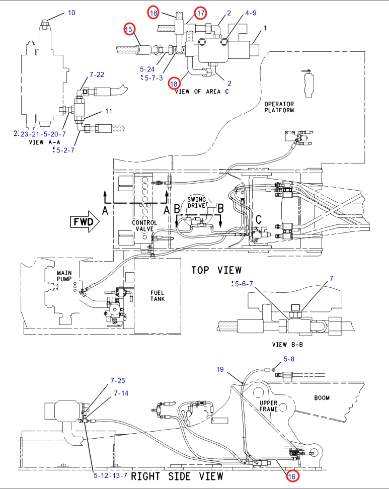 Caterpillar CAT®317B LN installation diagram showing hydraulic hose 9C-8614 at Pipe No. 17