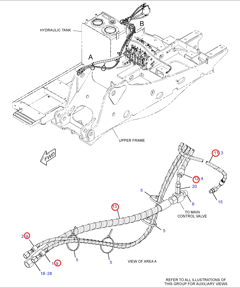 Caterpillar CAT®316E L installation diagram showing hydraulic hose 350-0840 at Pipe No. 13