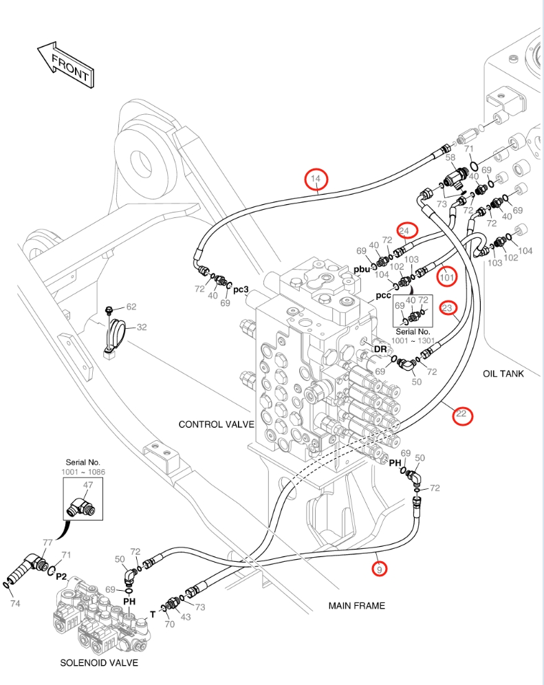 Doosan DX140LC-5 installation diagram showing hydraulic hose DS2121255 at Pipe No. 22