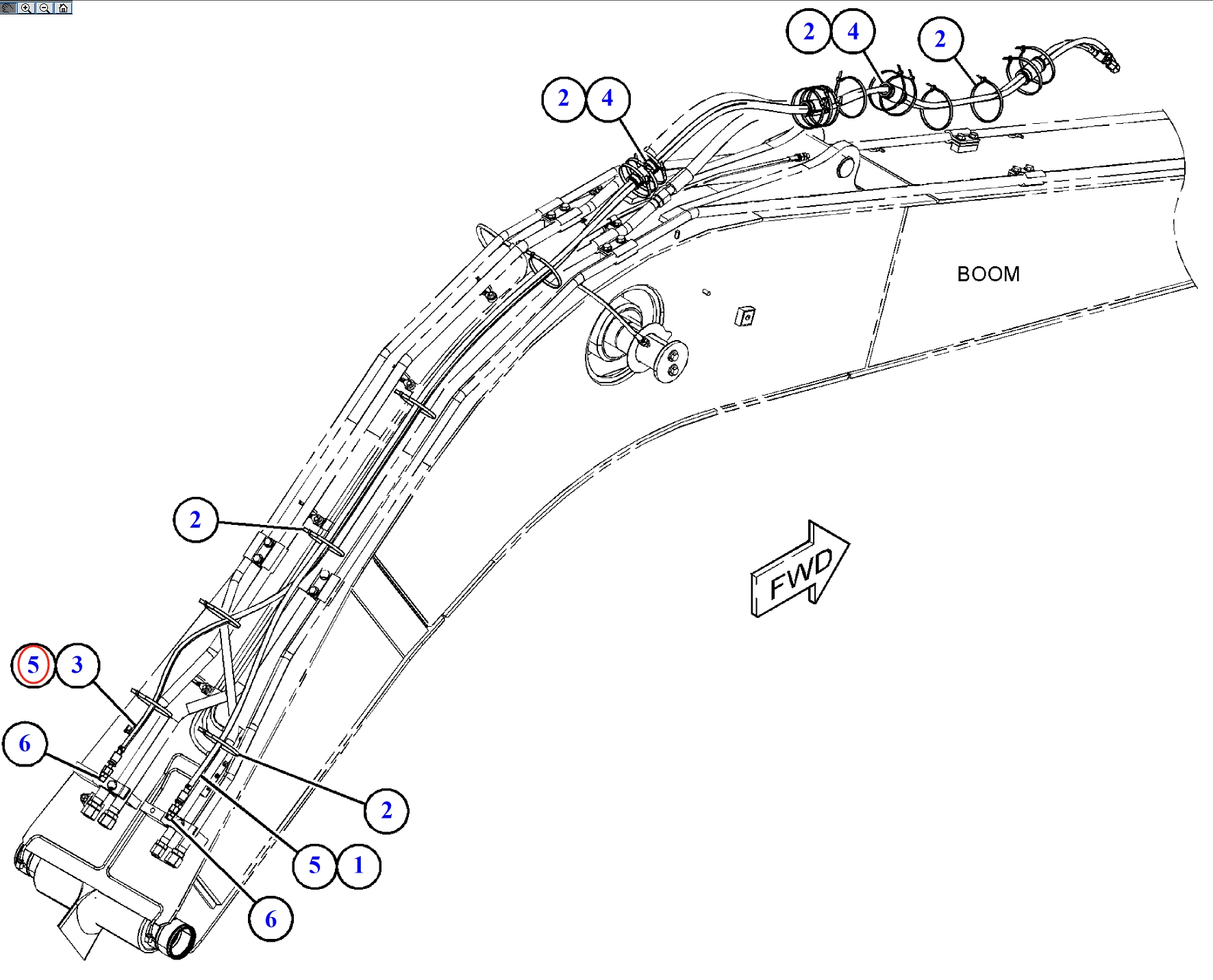Caterpillar CAT®312E L installation diagram showing hydraulic hose 455-3506 at Pipe No. 5