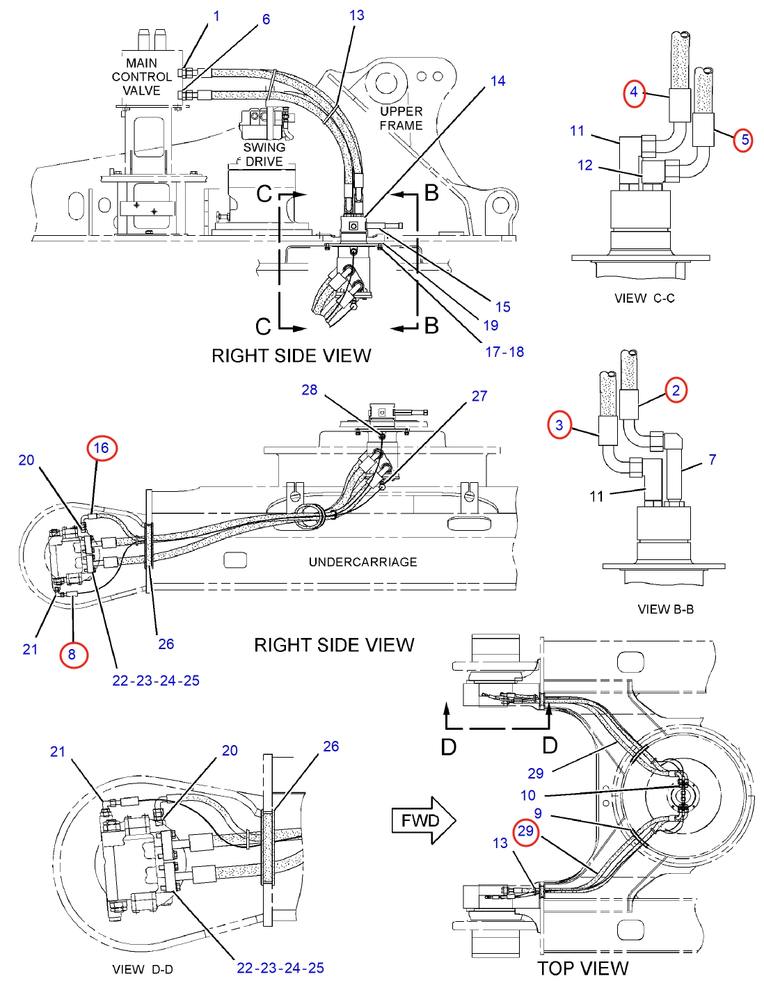 Caterpillar CAT®315C installation diagram showing hydraulic hose 187-5915 at Pipe No. 8