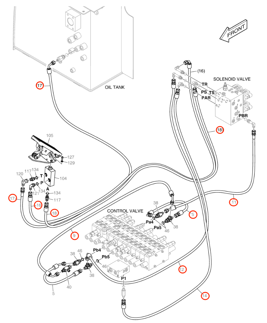 Doosan DX57W-5 installation diagram showing hydraulic hose DS2092304 at Pipe No. 11
