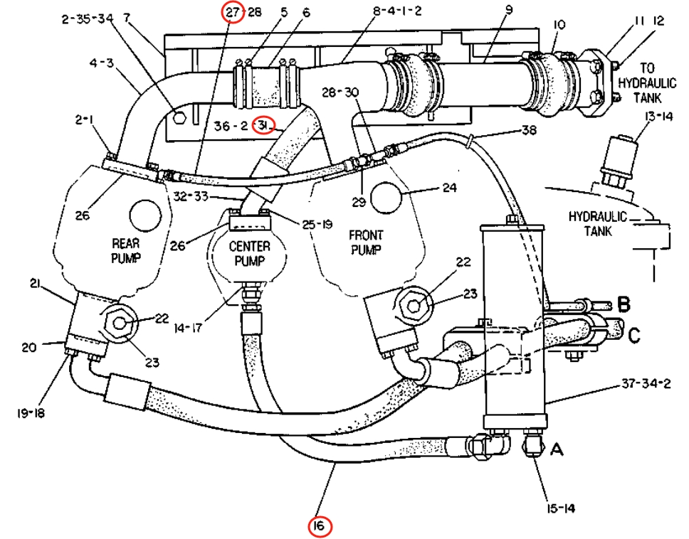 Caterpillar CAT®215B installation diagram showing hydraulic hose 5C-4367 at Pipe No. 27