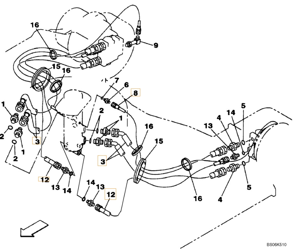 Case CX240BLR installation diagram showing hydraulic hose 151919A1 at Pipe No. 12
