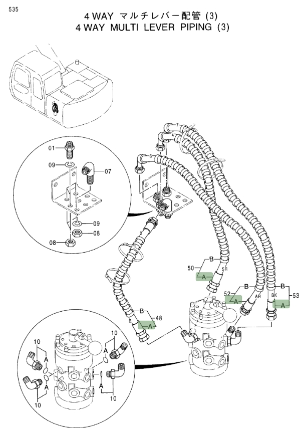 Hitachi EX100M-5 installation diagram showing hydraulic hose 4367511 at Pipe No. 48A