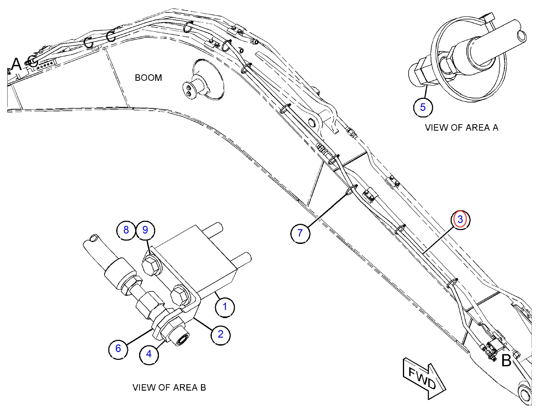 Caterpillar CAT®312E installation diagram showing hydraulic hose 306-1233 at Pipe No. 3