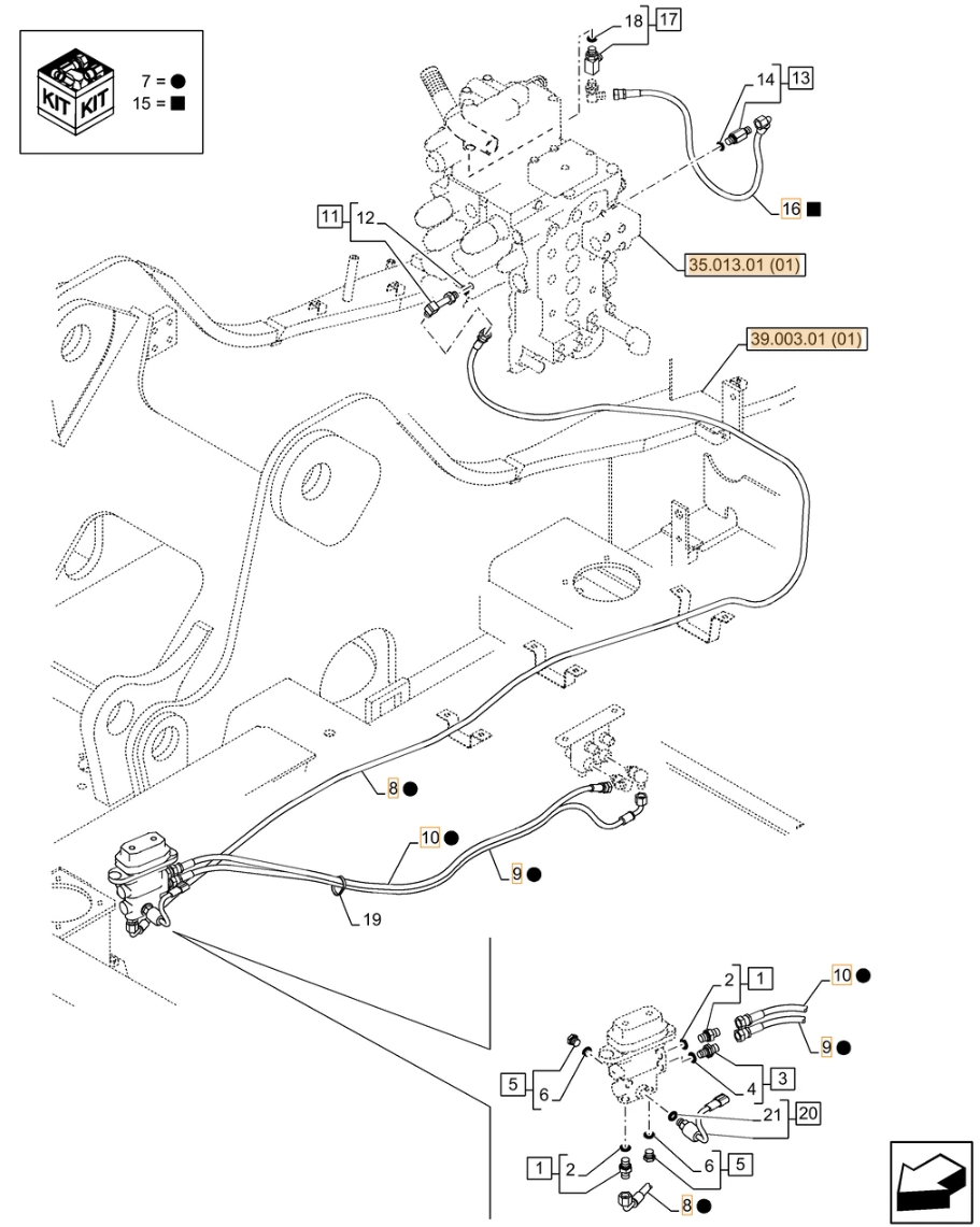 Case CX130C installation diagram showing hydraulic hose KHJ2198 at Pipe No. 8