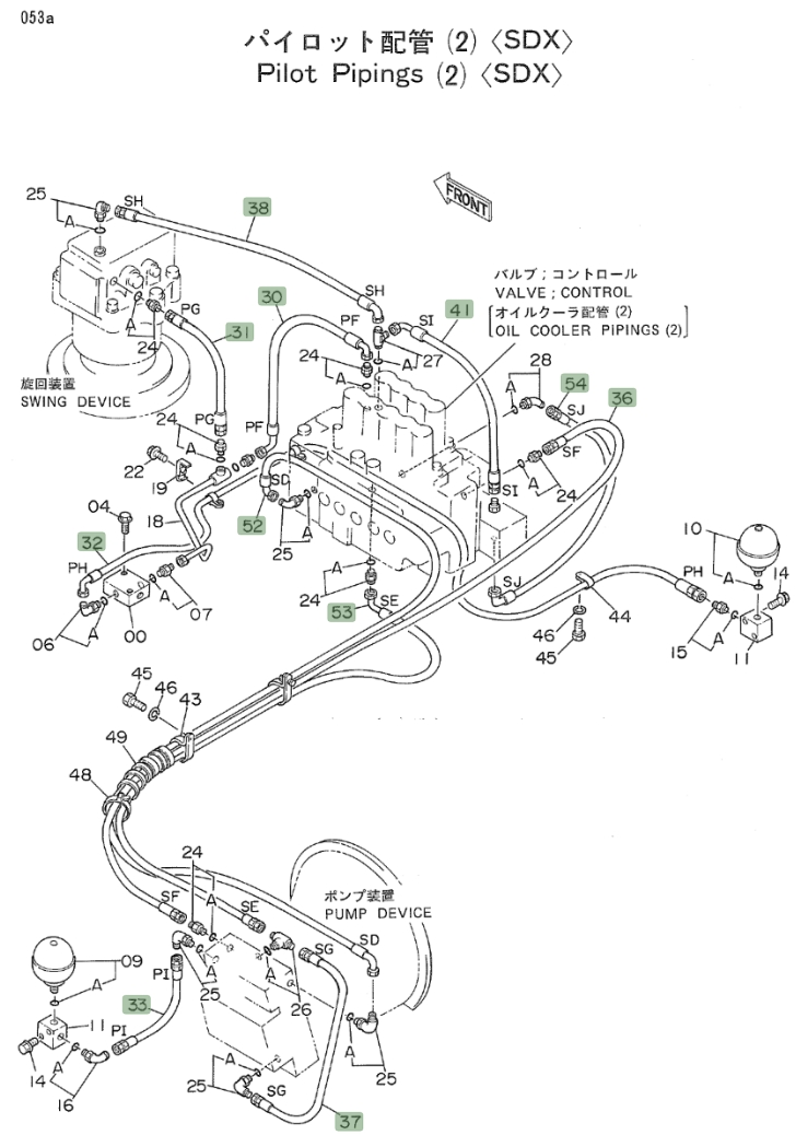 Hitachi EX160WD installation diagram showing hydraulic hose 4224420 at Pipe No. 53