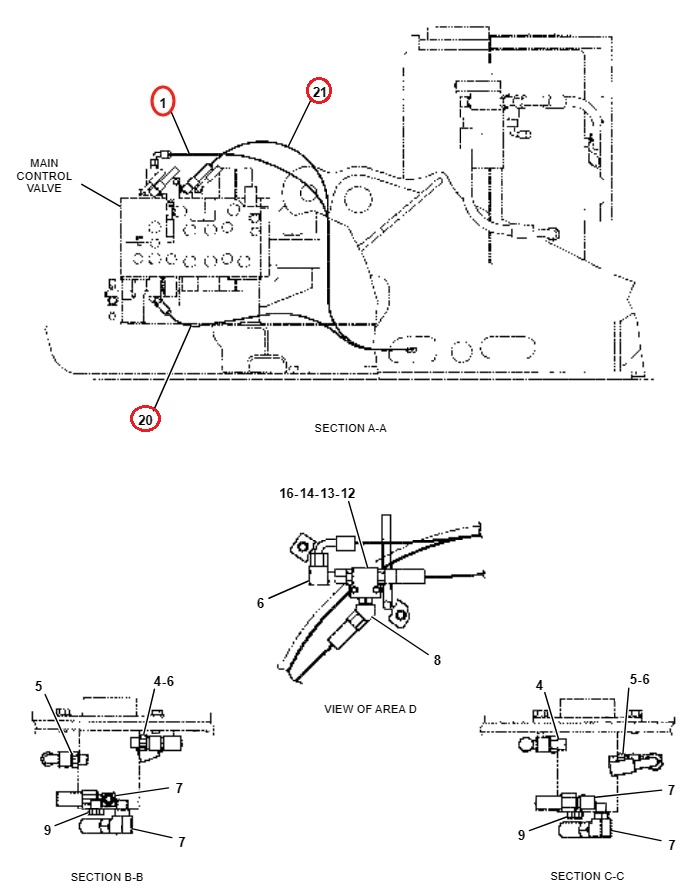 Caterpillar CAT®311C installation diagram showing hydraulic hose 087-6584 at Pipe No. 21