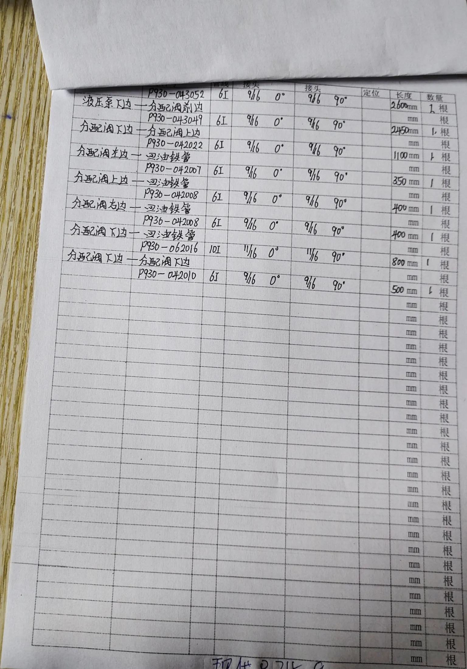 Hyundai 215-9 hydraulic hose part numbers and recorded lengths — technician notebook page 5 of 5