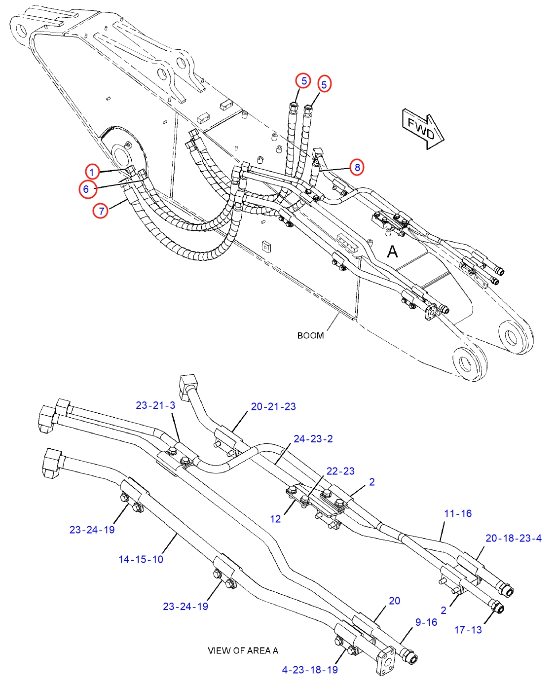 Caterpillar CAT®314E LCR installation diagram showing hydraulic hose 372-9605 at Pipe No. 8