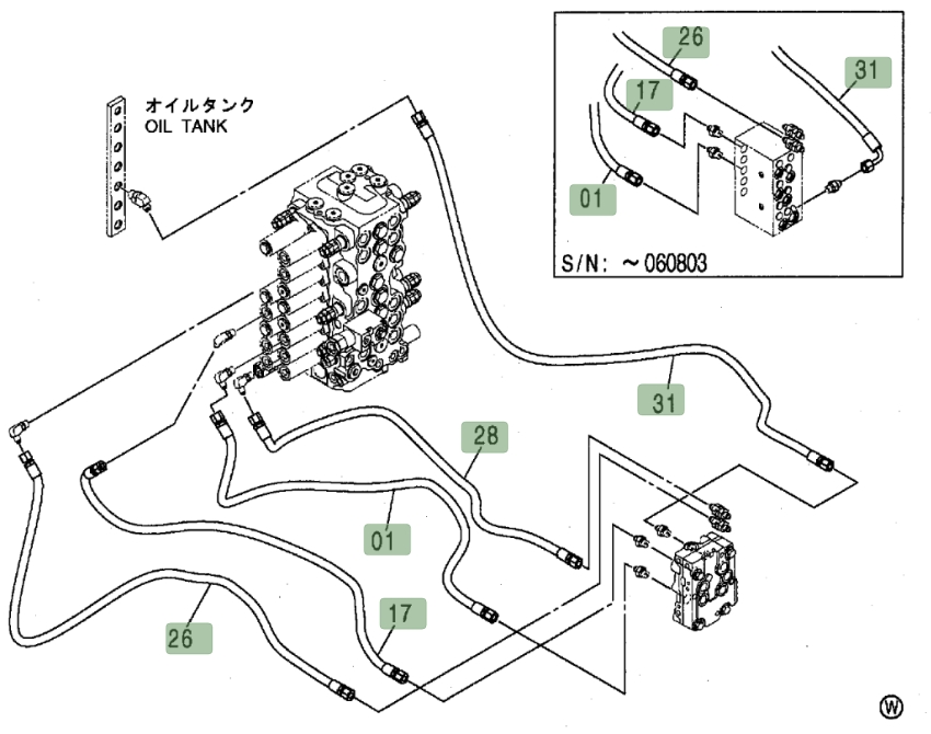 Hitachi ZX80 installation diagram showing hydraulic hose 4466313 at Pipe No. 28