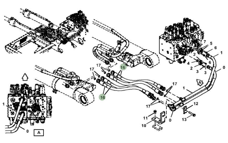 Hitachi ZX190W-6N installation diagram showing hydraulic hose 4628918 at Pipe No. 16