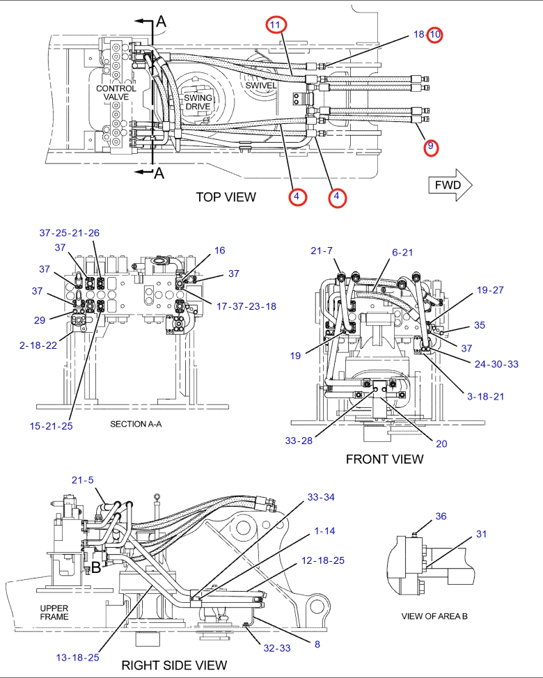 Caterpillar CAT®318C installation diagram showing hydraulic hose 187-5954 at Pipe No. 4