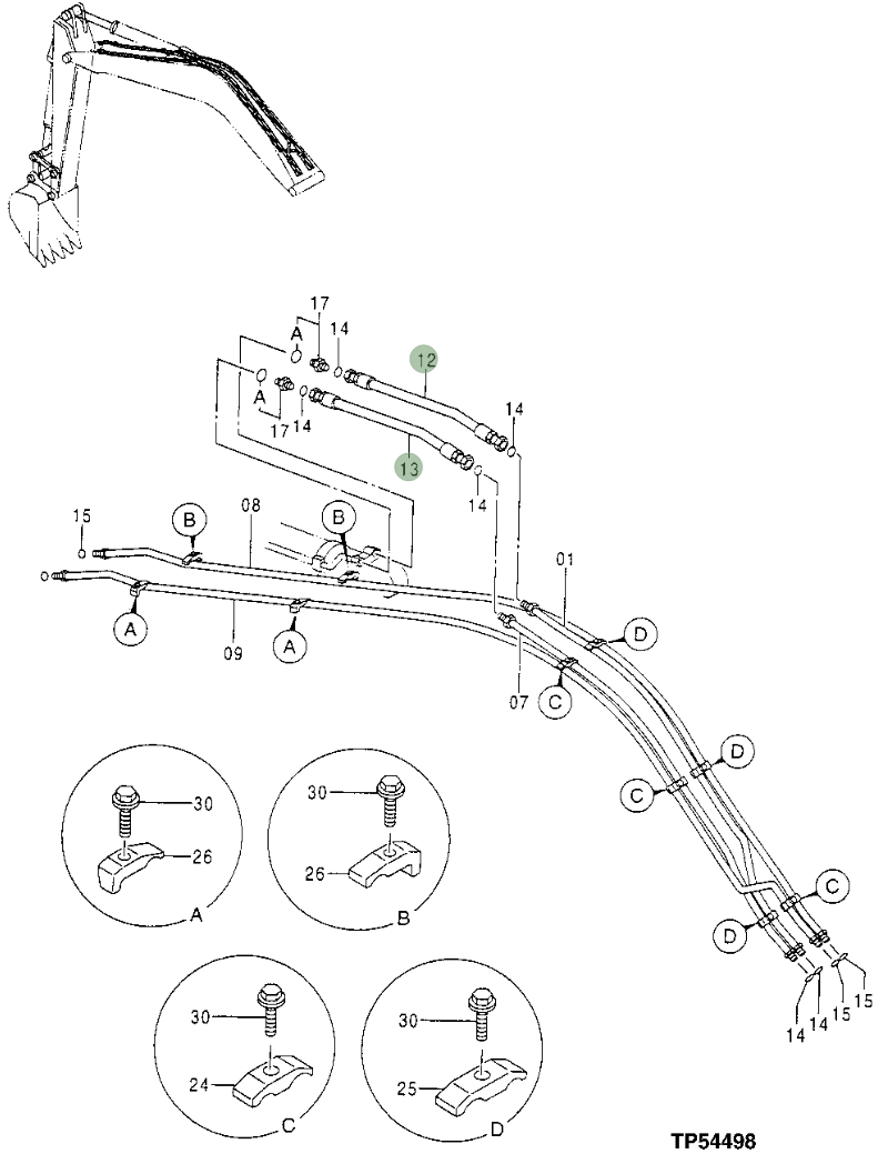 Hitachi EX110-5 installation diagram showing hydraulic hose 4260310 at Pipe No. 13