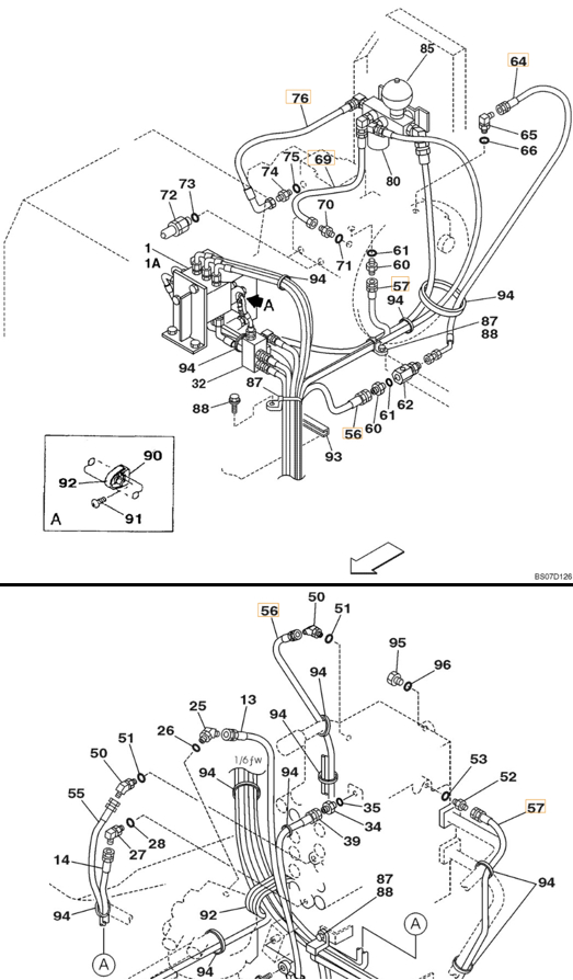 Case CX290 installation diagram showing hydraulic hose KHJ1264 at Pipe No. 76