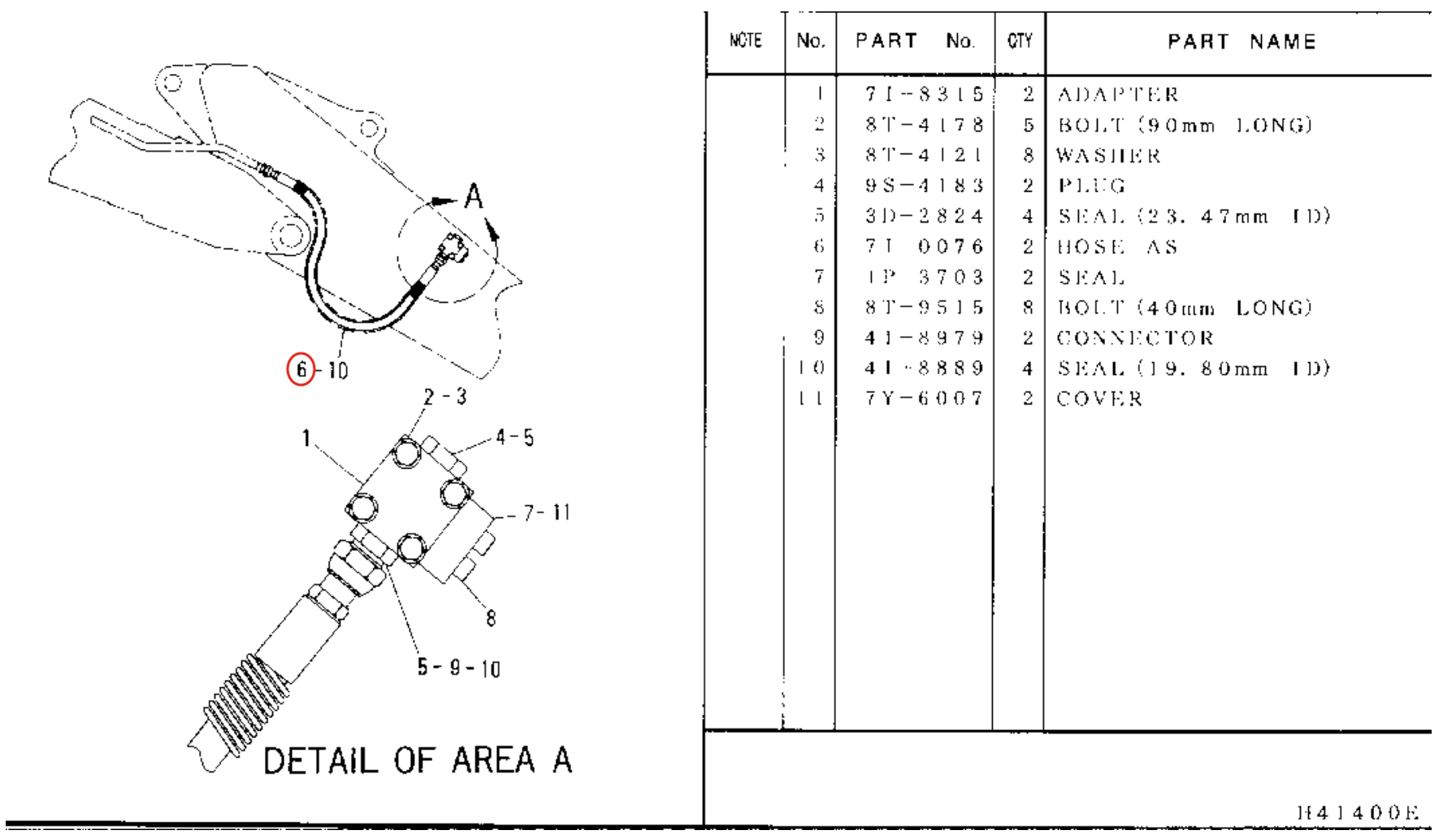 Caterpillar CAT®315-A L installation diagram showing hydraulic hose 7I-0076 at Pipe No. 6