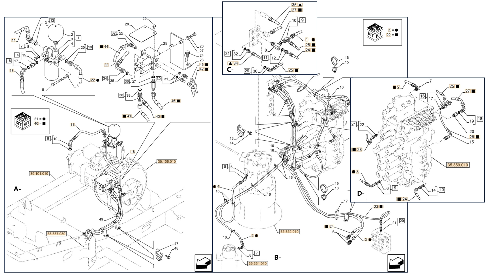 Case CX210E LC installation diagram showing hydraulic hose KHJ2068 at Pipe No. B23-C34