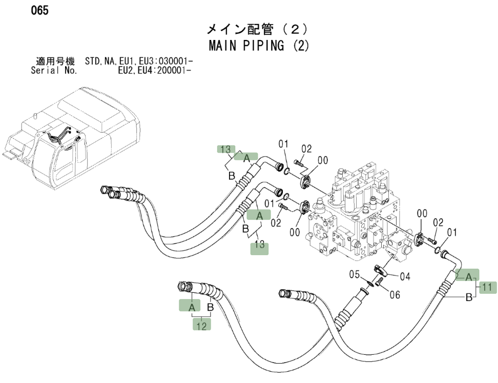 Hitachi ZX330LC installation diagram showing hydraulic hose 9196720 at Pipe No. 12