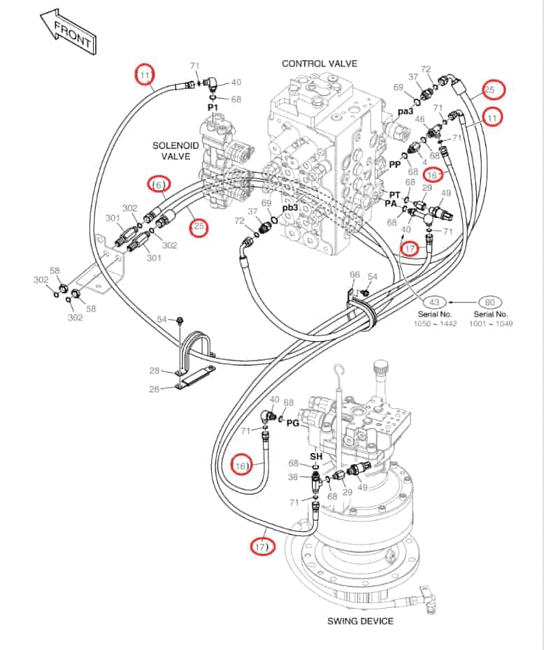 Doosan DX140LCR-5 installation diagram showing hydraulic hose DS2121201 at Pipe No. 6