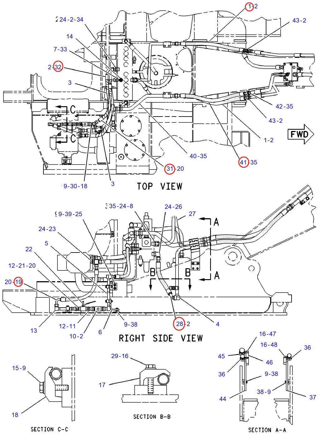Caterpillar CAT®312-A installation diagram showing hydraulic hose 7I-7383 at Pipe No. 1